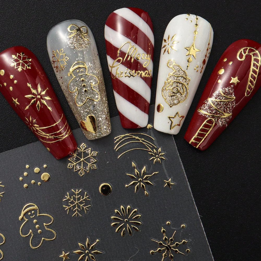 황금 눈송이, 크리스마스 트리, 순록 하트, DIY 휴일 네일 아트가 있는 크리스마스 및 새해 네일 스티커 2개