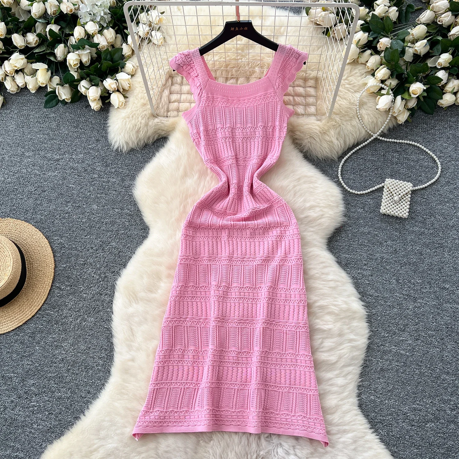 Robe longue bohème ajourée pour femmes, à volants, douce, tricotée transparente, à lacets, élastique, moulante, robe de plage, 2025