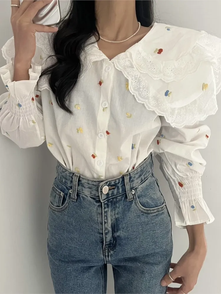 Spring Shirts Tops Women Print Embroidery Fashion Casual Loose Korean Style Pleated Ladies Blouses Long Sleeve Woman Shirts Tops