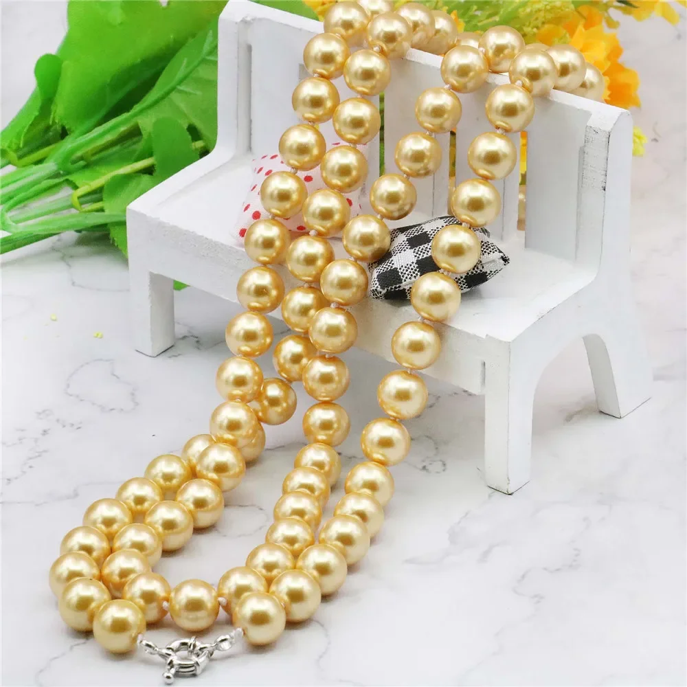 Natural Stone 8 10 12mm gold-color AAA south sea shell pearl necklace 36INCH beads Hand Made jewelry making Wholesale Price