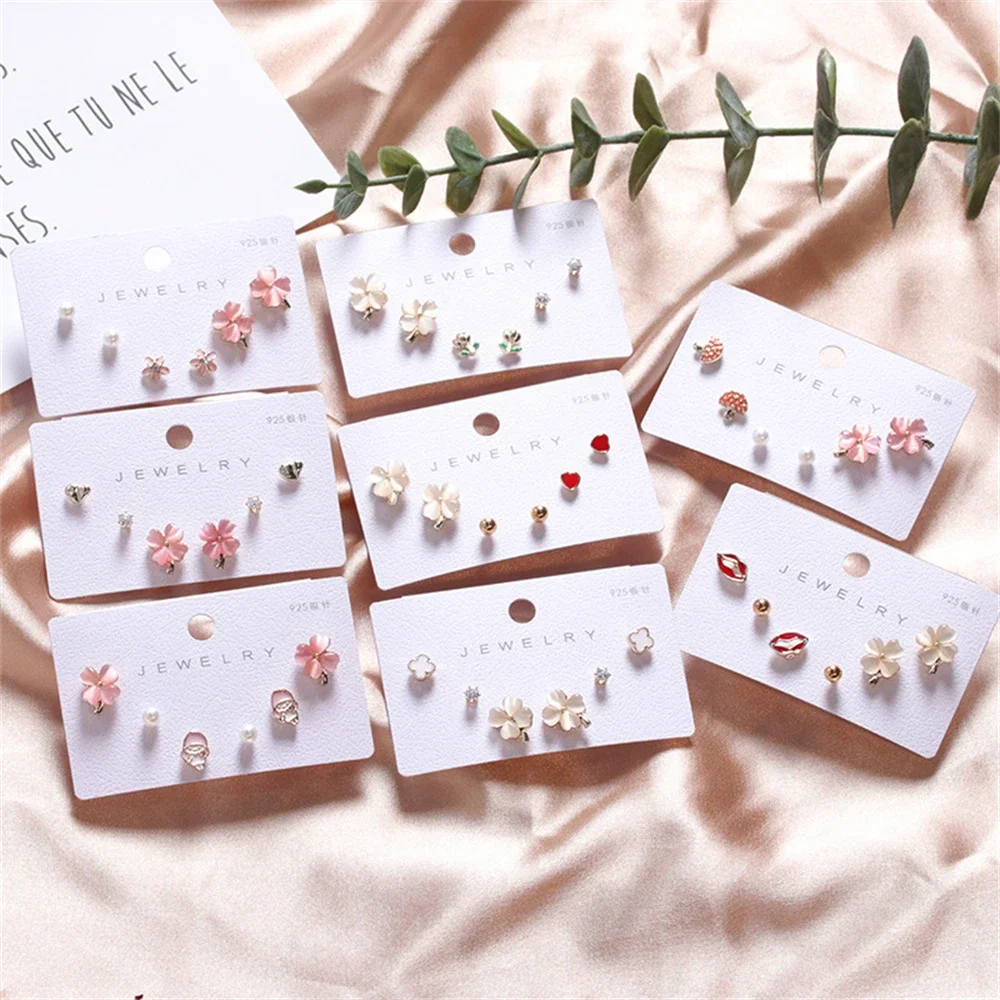 

New Simple 925 Silver Needle Flowers Heart Opal Personality Female Stud Earrings Korean Exquisite Cute Three Pairs Earrings Set