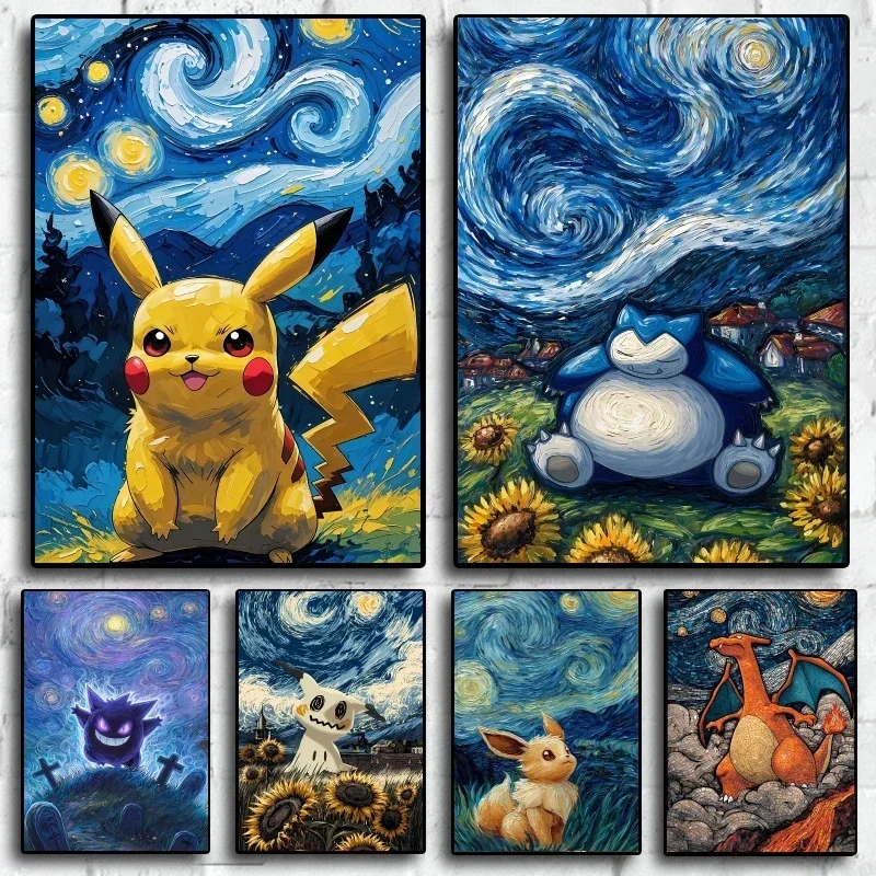 Pikachu Snorlax Van Gogh Themed Art Decorative Painting with Soft Colors and Cute Characters It Brings Vivid Colors To The Ro
