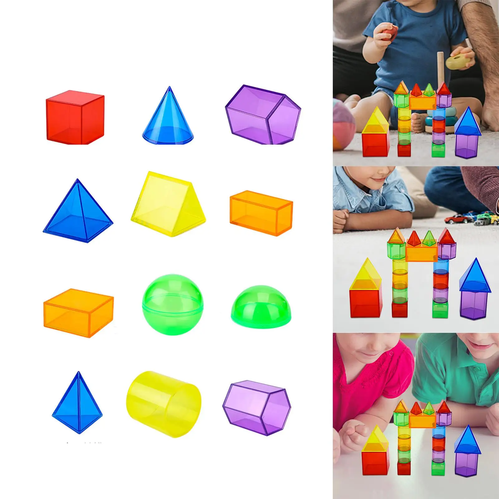 12 Pieces Geometric Solids Geometry Helper Transparent Pattern Blocks for Playroom