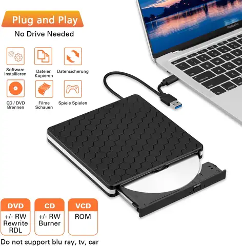 Lecteur CD DVD externe pour ordinateur portable, graveur de CD USB 3.0 USB C Portable DVD +/-RW lecteur CD lecteur graveur enregistreur pour ordinateur de bureau