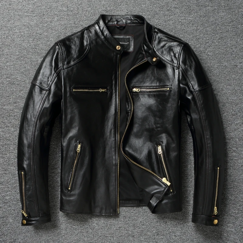 

Американская винтажная мотоциклетная куртка из конской кожи с воротником-стойкой, легко стираная мужская короткая куртка из натуральной кожи с потертостями