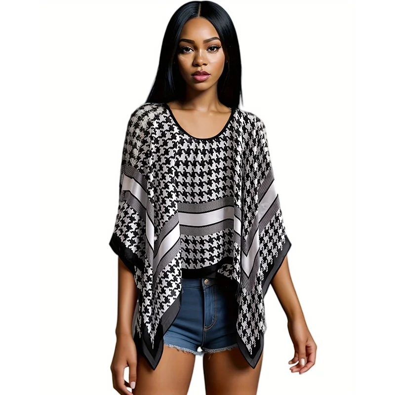 2024 Extravagant Shawls Sexy Women Poncho Fashion Houndstooth Print Smock Cover Up Loose Blouse Sunscreen Comfortable Hot Luxury