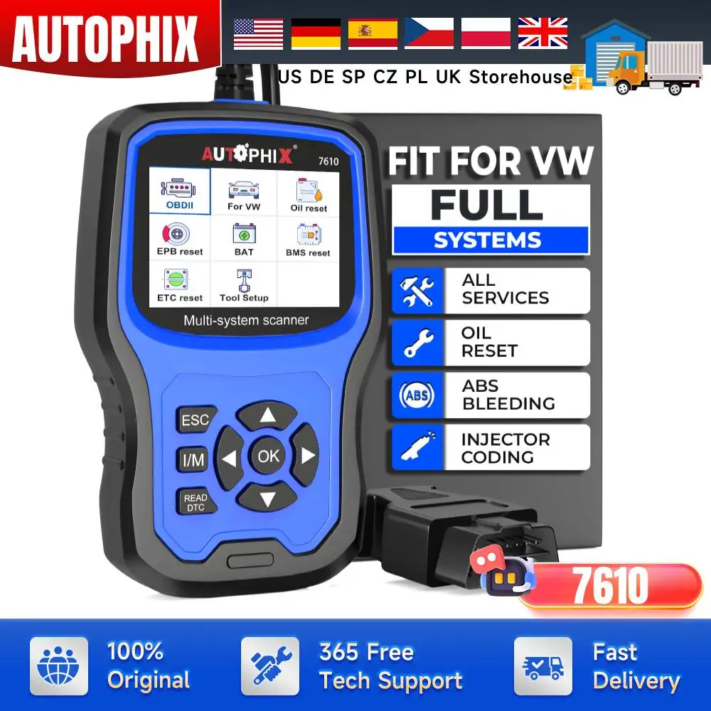 OBD2 Car Diagnostic Tools OBD 2 EOBD Code Reader ABS SRS Oil EPB DPF TPMS Reset Auto Scanner For Audi Skoda Seat Autophix 7610