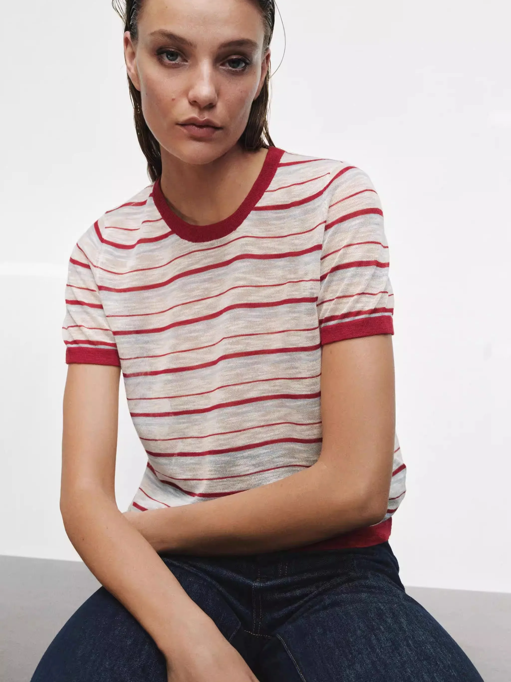 

Spring New Arrival Women's Casual Knitted Stripe Short Sleeve round Neck Top Comfortable Breathable Regular Fit Fashionable