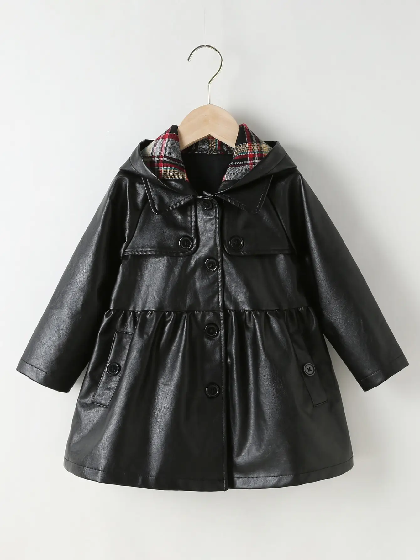 Kids Baby Little Girls Faux Leather Button Down Hooded Jacket PU Dress Coat Outwear Fall Winter