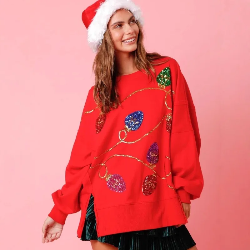 Fashion Sequin Sweatshirts Split Women Cotton Long Sleeves Pullovers Spring Women Tops Loose Hoodie Women Clothing