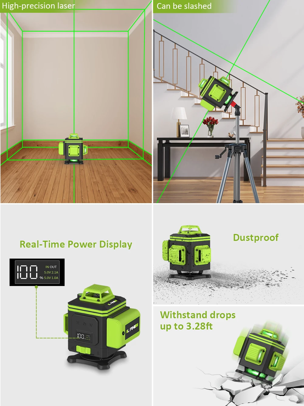 LFINE Laser Level 4D 16 Lines High Precision Green Laser Beam with Remote Control Self-leveling 12 Lines Laser Levels 360