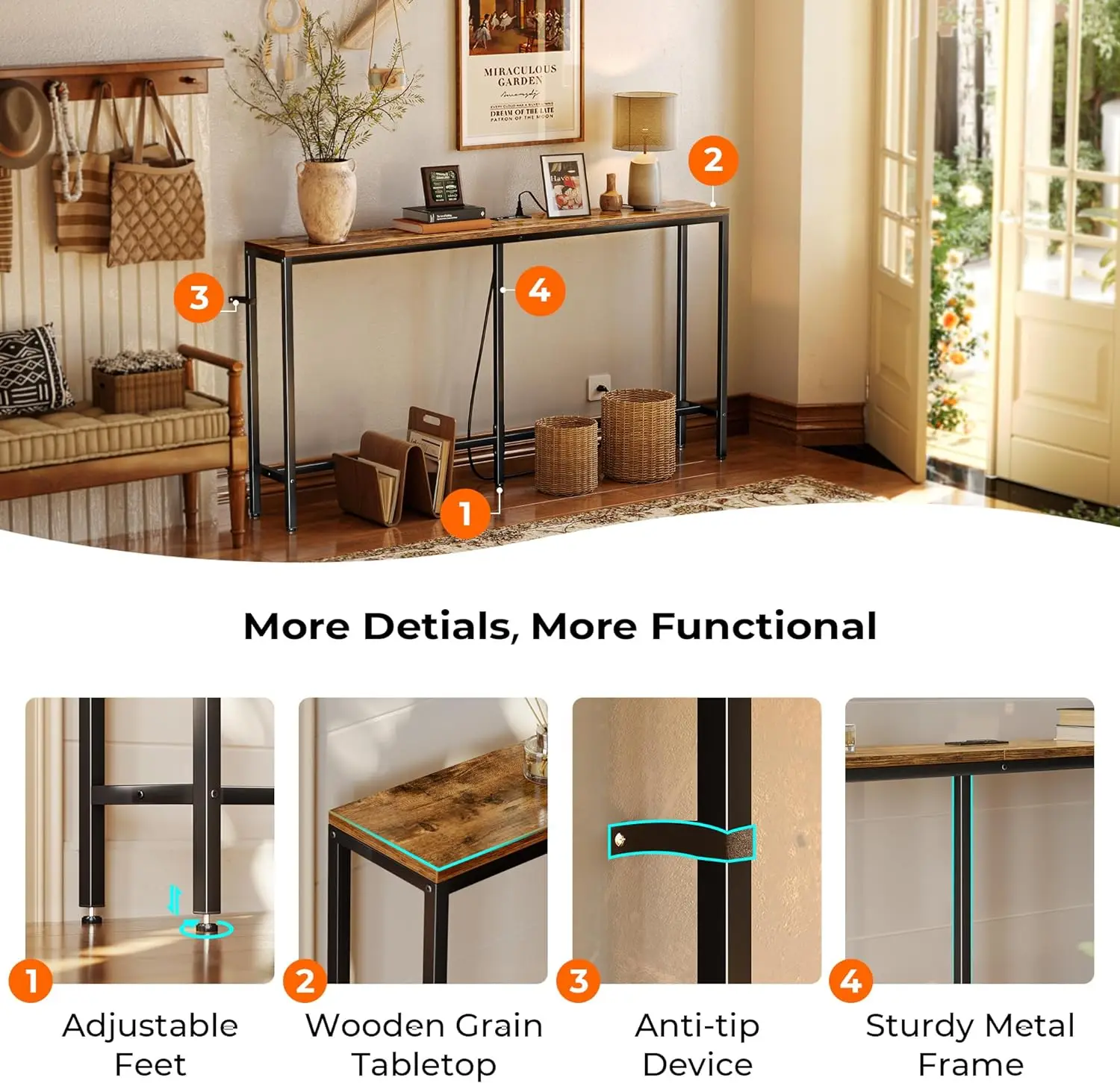 Console Table with Outlet,63 Inch Sofa Table with Charging Station,Narrow Entryway Table,Skinny Hallway Table