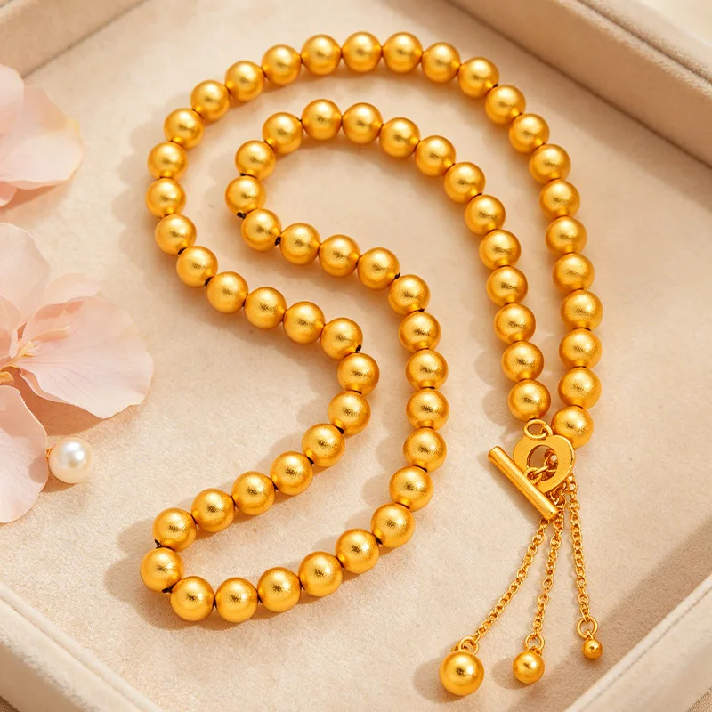Commuter Elegant Round Bead Tassel Necklace For Men And Women 24K Gold AU999, Low Key Business Couple Accessory