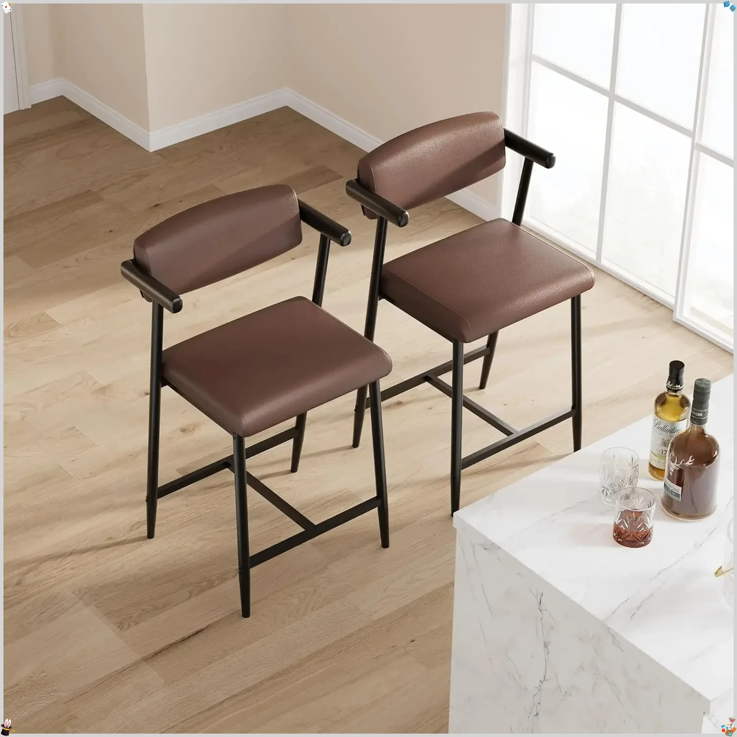 Modern 26" Counter Height Bar Stools Set of 2 With Arms, Wide Upholstered Seats for Kitchen Island & Home Bar