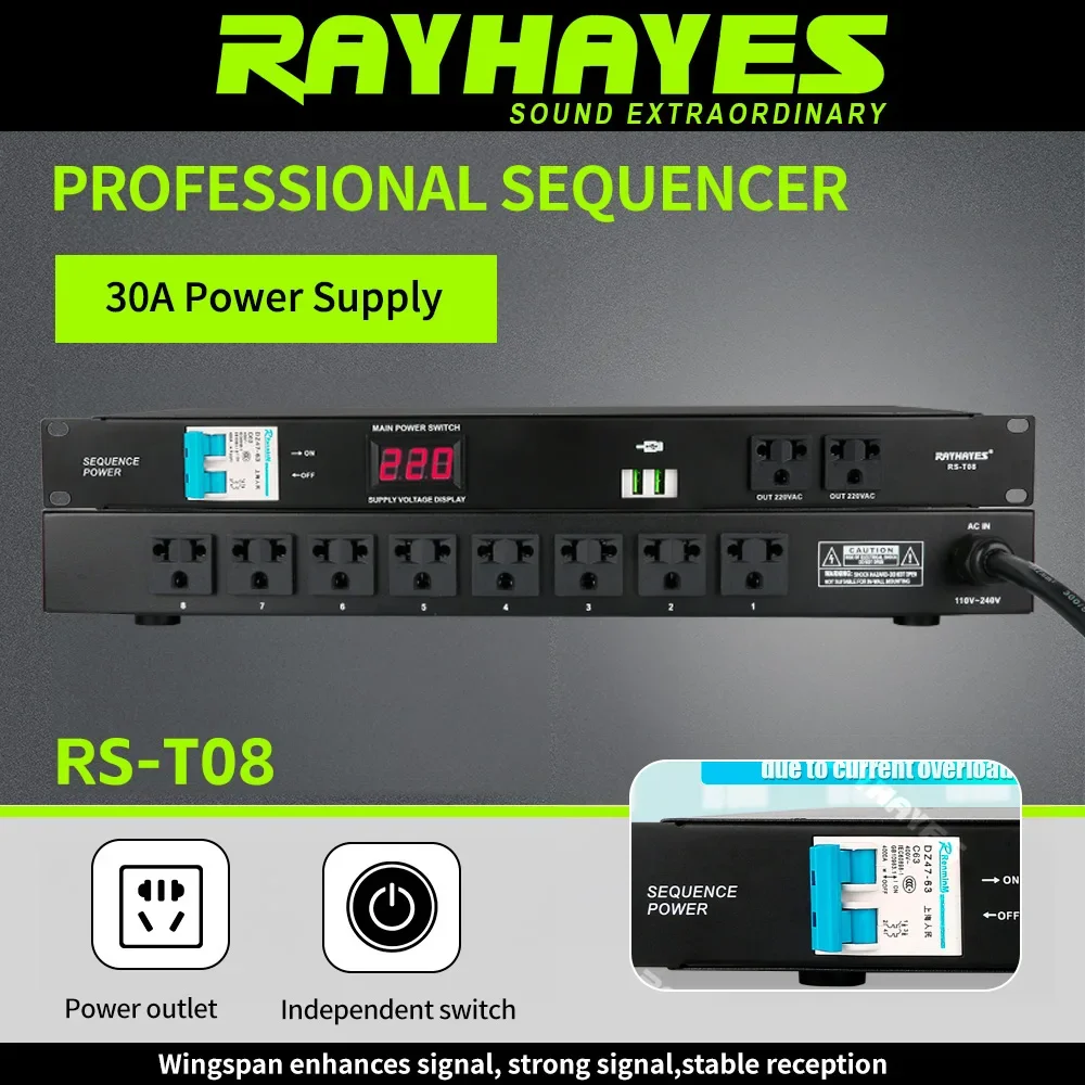 

RAYHAYES RS-T08 8-канальный секвенсор питания, мощный защитный блок питания со встроенным автоматическим выключателем, защита от перегрузки
