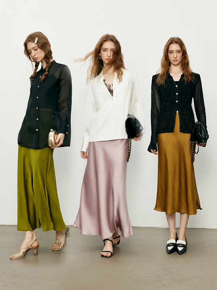 

Ele Атласная длинная юбка трапециевидной формы с высокой талией Юбка с хвостом Fi против морщин с жемчугом и блеском Ci Commute Ladylike Асимметричная