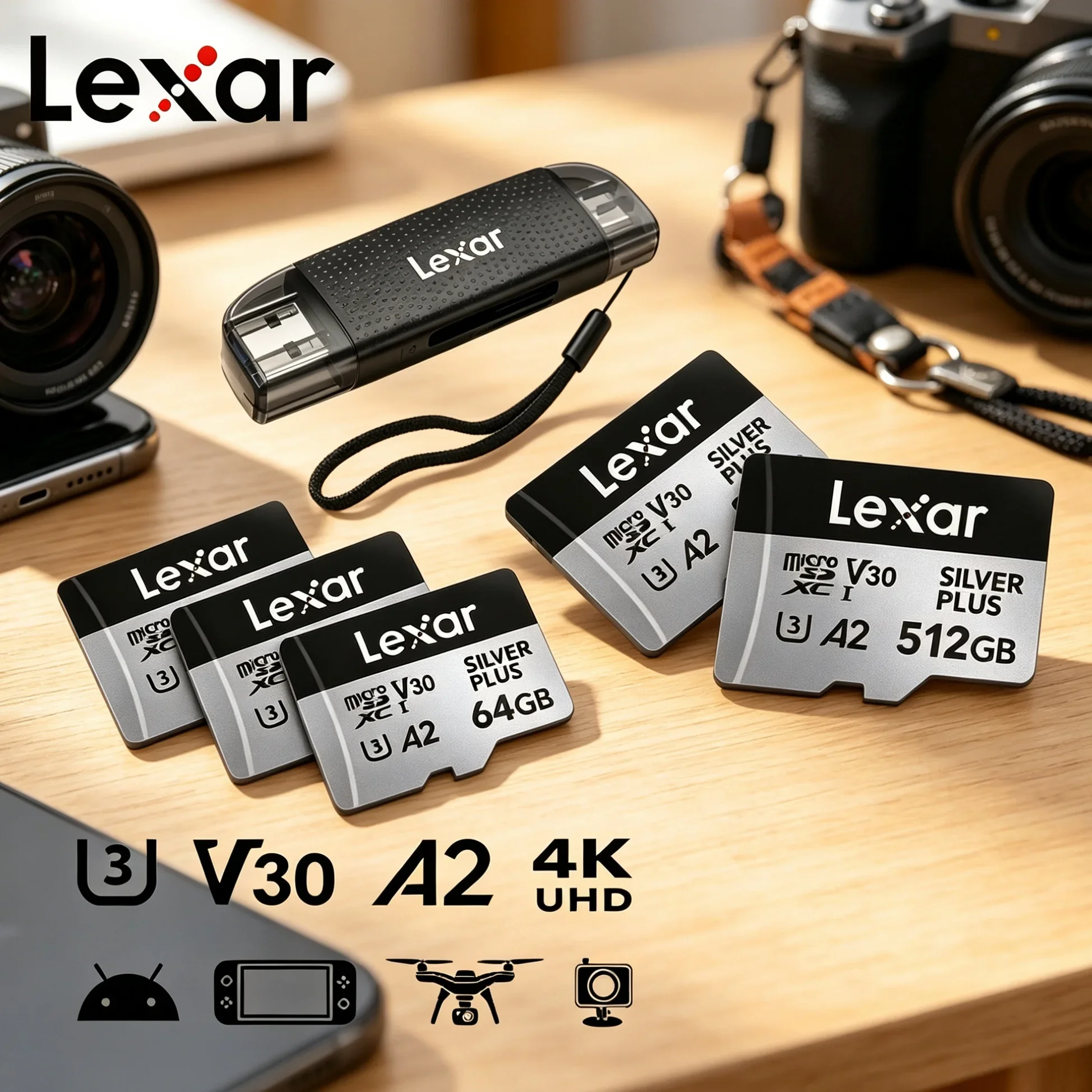 For DJI Drone Accessory Lexar Silver Plus Micro SD Card V30 A2 205MB/s TF Card 4K MicroSDXC 64‑1TB USB3.2 Dual Reader Optional