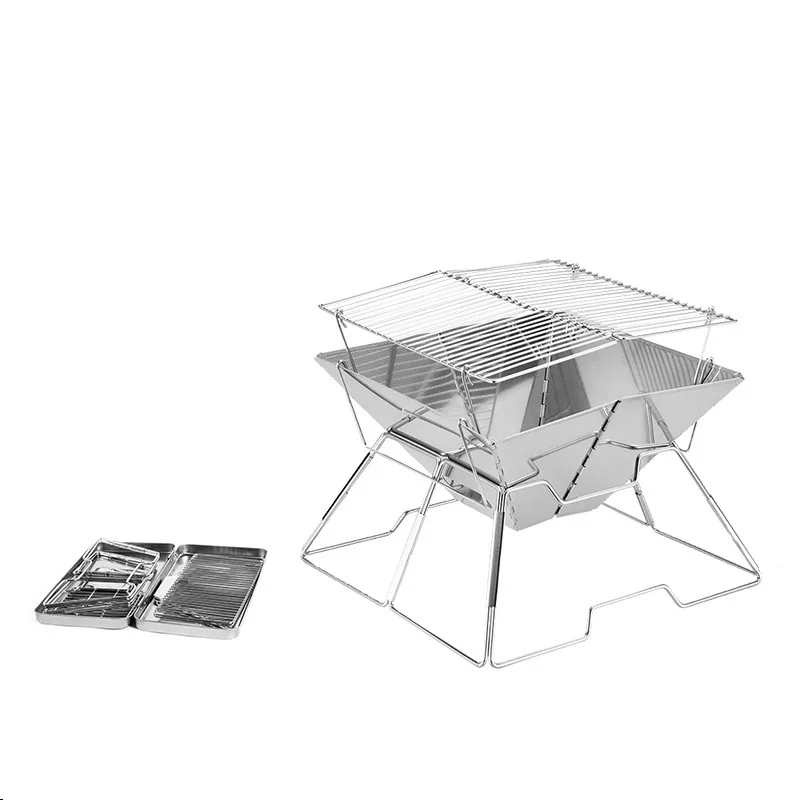 Portable Stainless Steel Folding BBQ Grill Camping Barbecue Fire Pit with Grill Grate Compact Picnic Cooking Stove for Travel