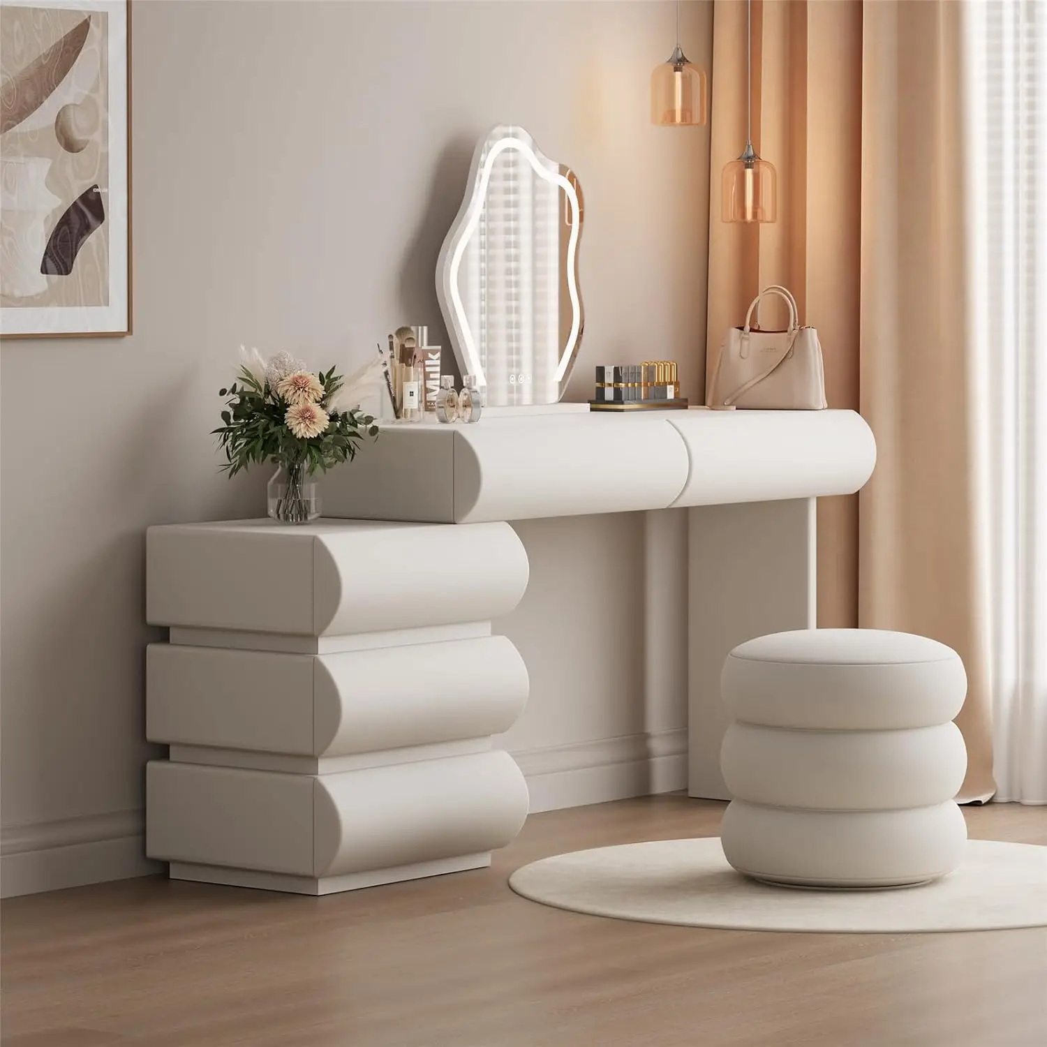 

Makeup Vanity Desk with Mirror and Lights, Modern Vanity Table with 5 Drawers, LED Touch Sensor Mirror,