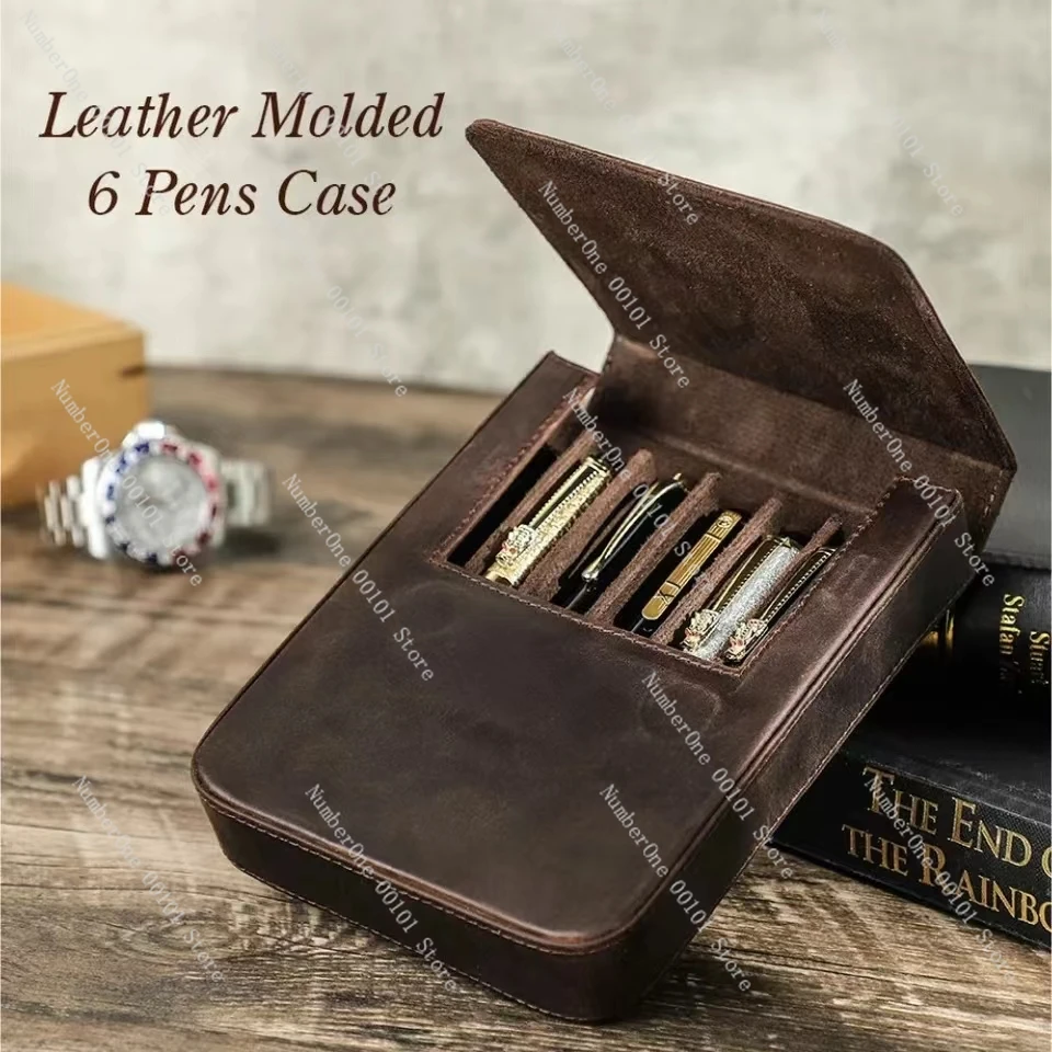 

Hand-made Crazy Horse leather pen bag 6 student pen leather storage boxes with magnetic drawer