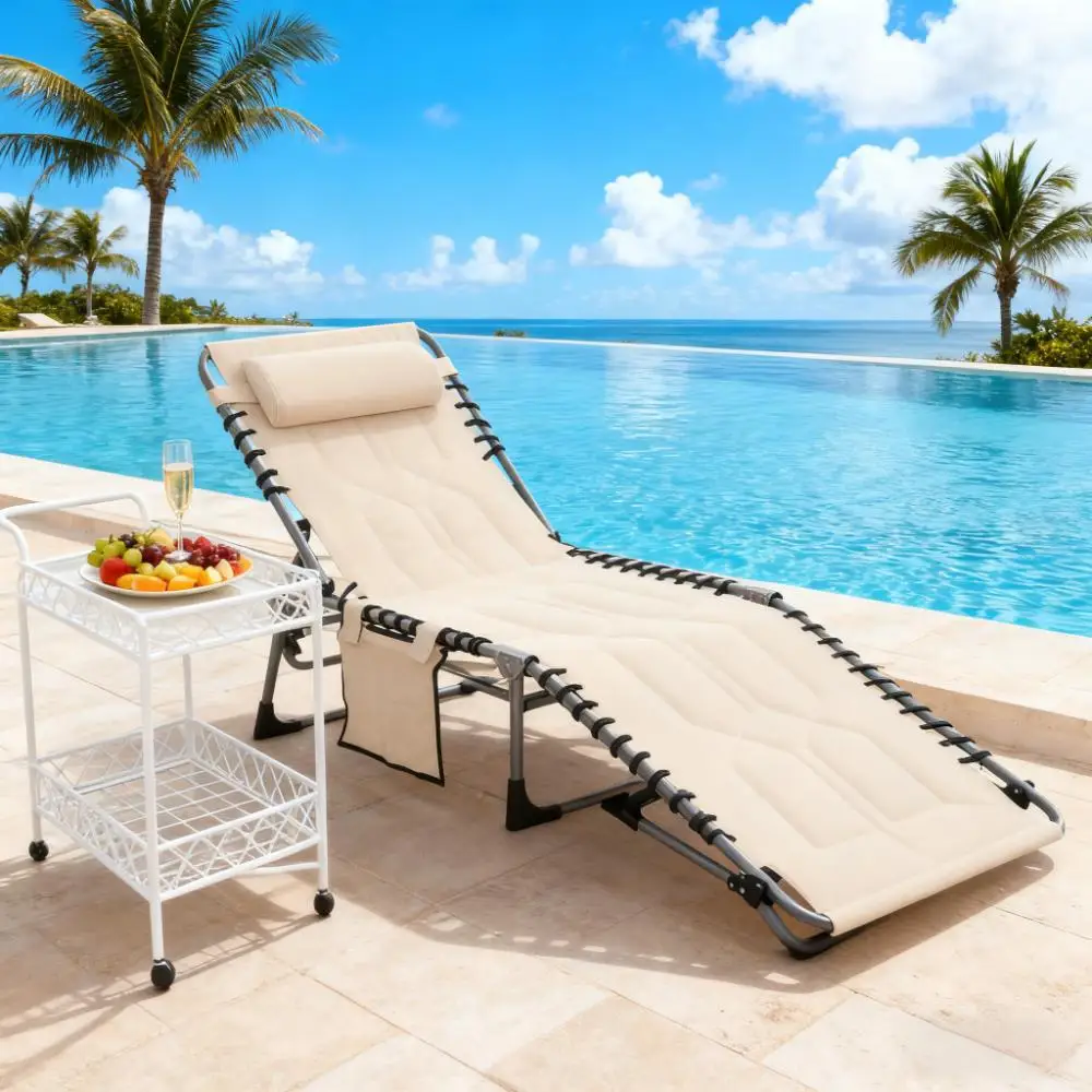 Chaise longue de camping inclinable d'extérieur, chaise longue pliante rembourrée, avec appui-tête pour la plage, la piscine, les chaises longues d'extérieur