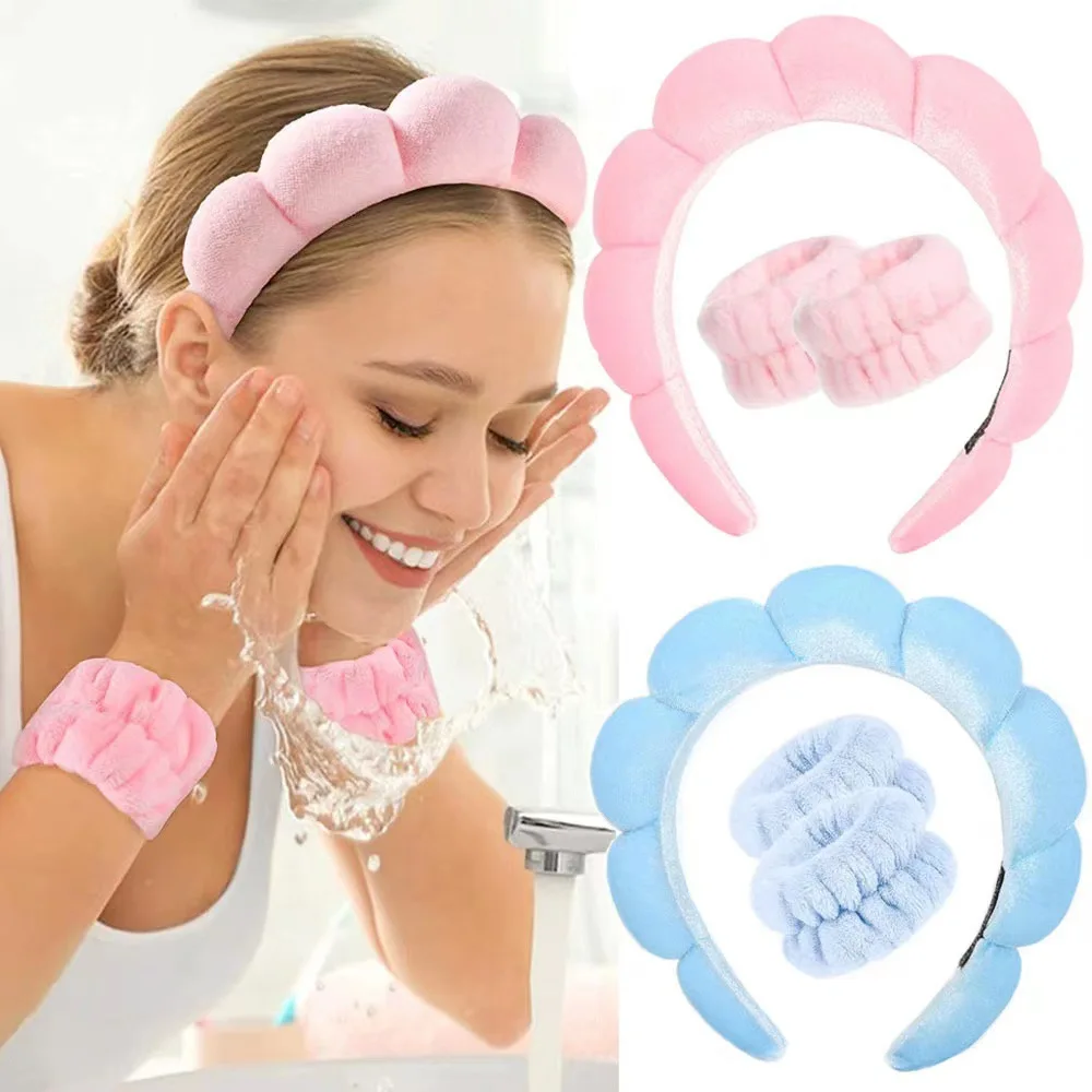 Velvet Cloud Hair Hoop Set para Mulheres, Esponja Headband, Wash Face Wristband, Spa Banheiro Acessórios, Meninas, 3pcs