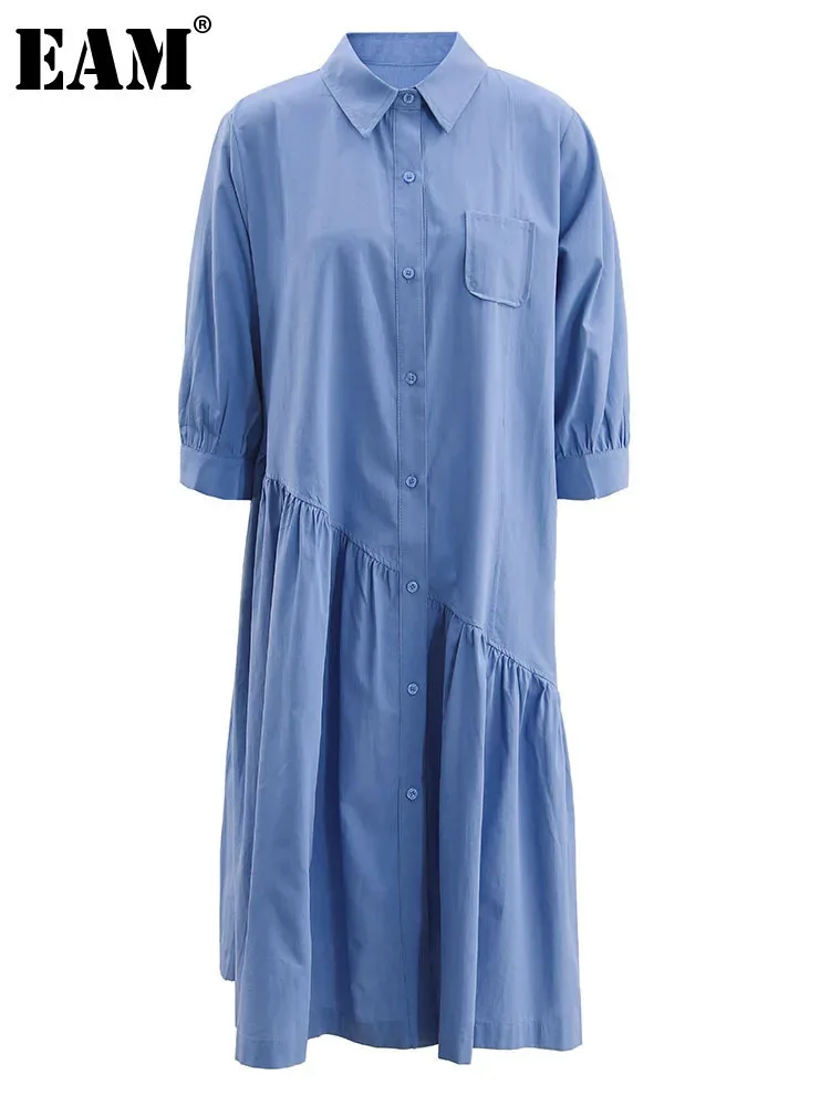 [EAM] Women Blue Pleated Irregular Big Size Shirt Dress New Lapel Three-quarter Sleeve Fashion Tide Spring Autumn 2024 CPG1694