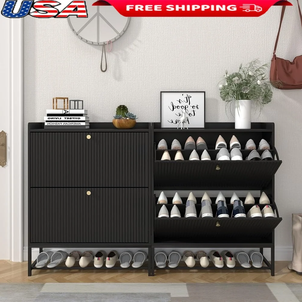 

Narrow Shoe Cabinet with 2 Flip Drawers Slim Freestanding Storage Organizer Tall MDF Shoe Rack Entryway Hallway Living Room