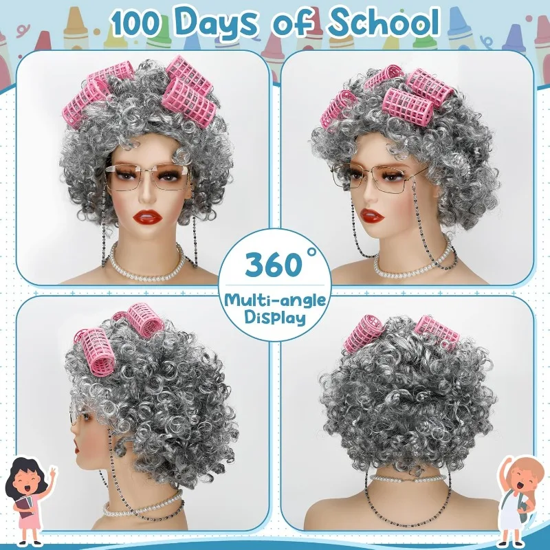 Costume da Vecchia Signora per Bambine, Costume per 100 Giorni di Scuola per Bambini, Parrucca da Vecchia Signora, Occhiali, Cappello, Collana, Braccialetto e Accessori