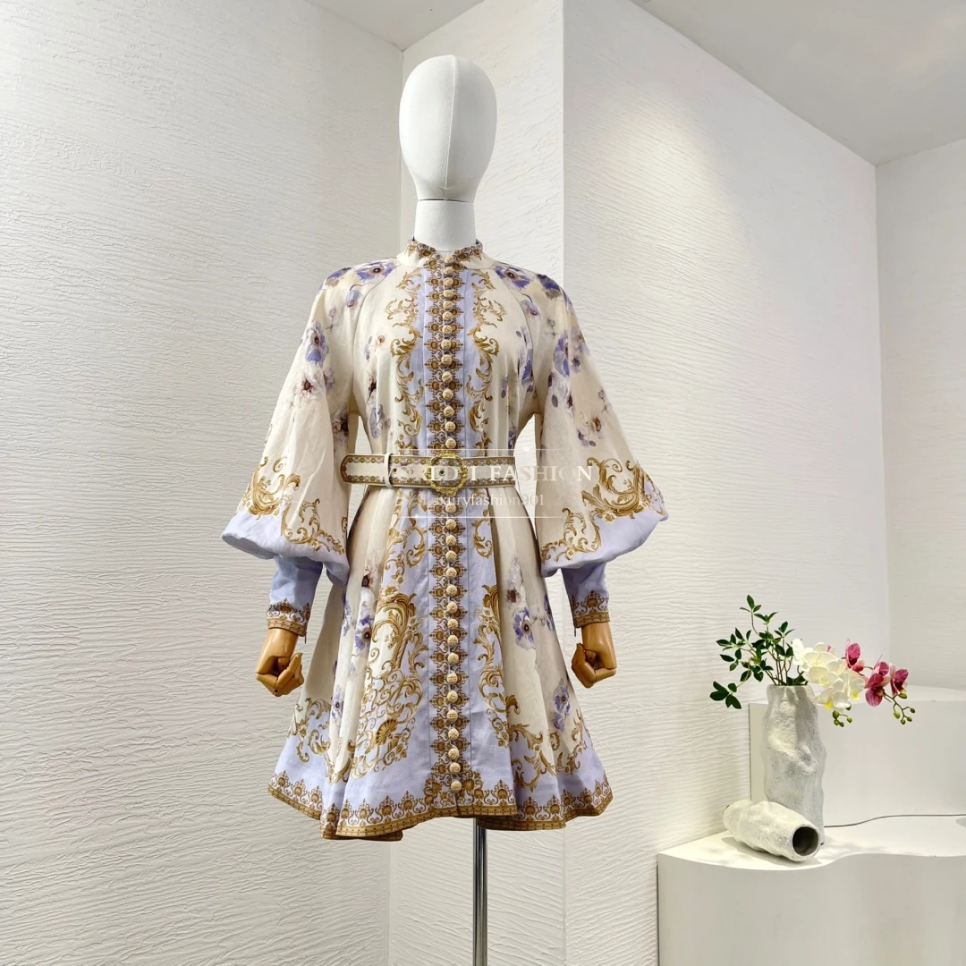 Full Lantern Sleeve Belted Floral Print Women Mini Vintage Dresses
