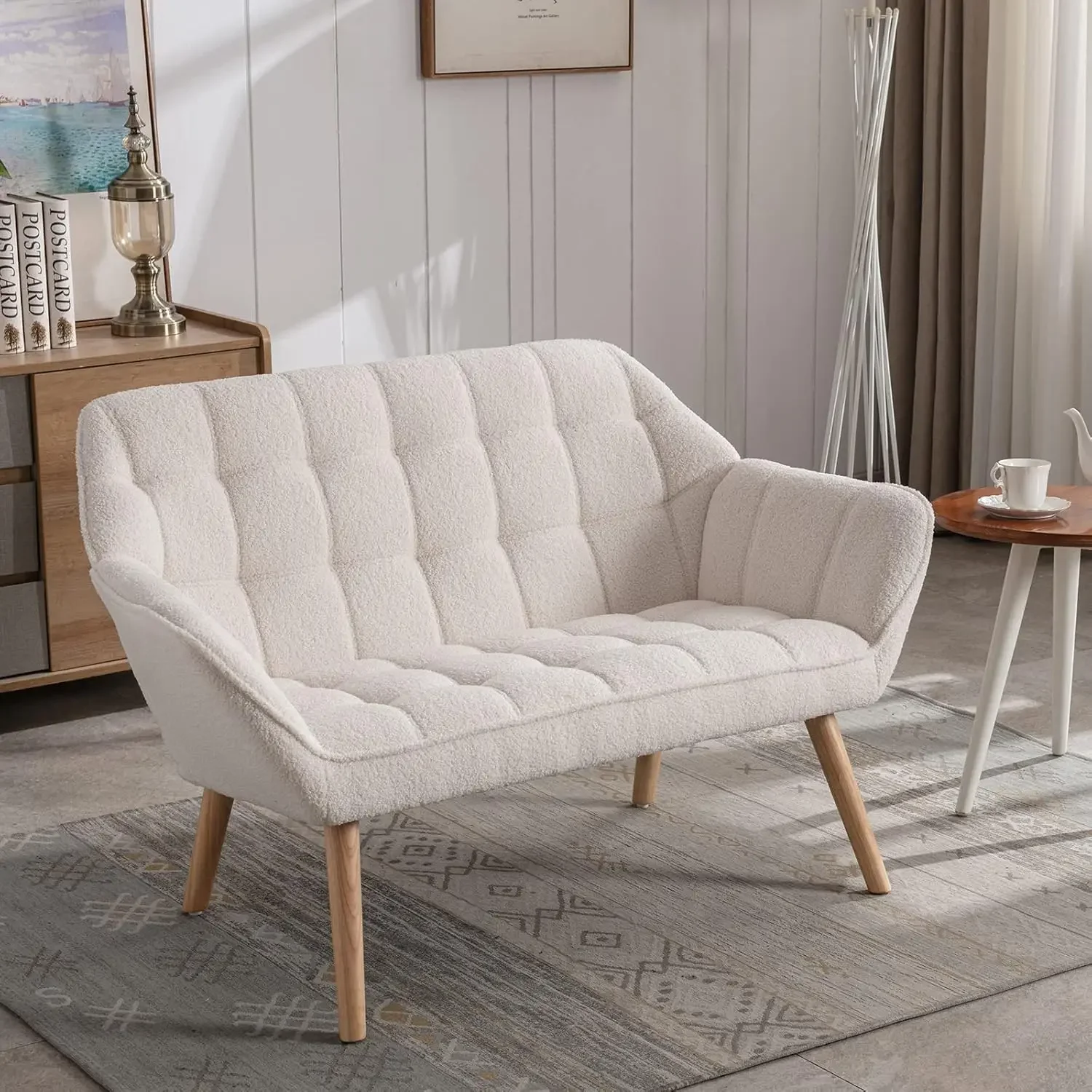 Fluffy Love Seat with Quilting Backs and Wood Legs for Living Room, Bedroom and Small Space, White, White; Fluffy