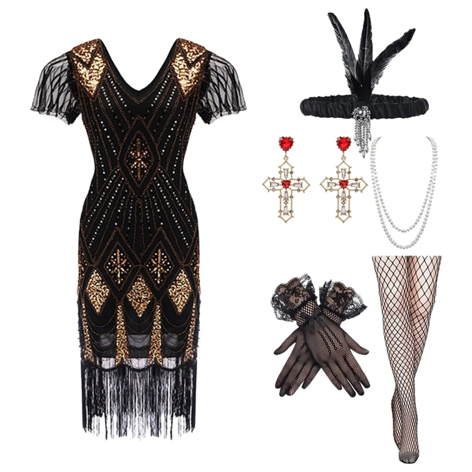 1920s Sequin Beads Long Fringe Flapper Dress Accessories Set Vantage Elegant Banquet Dresses Parry Evening Formal Dress Women