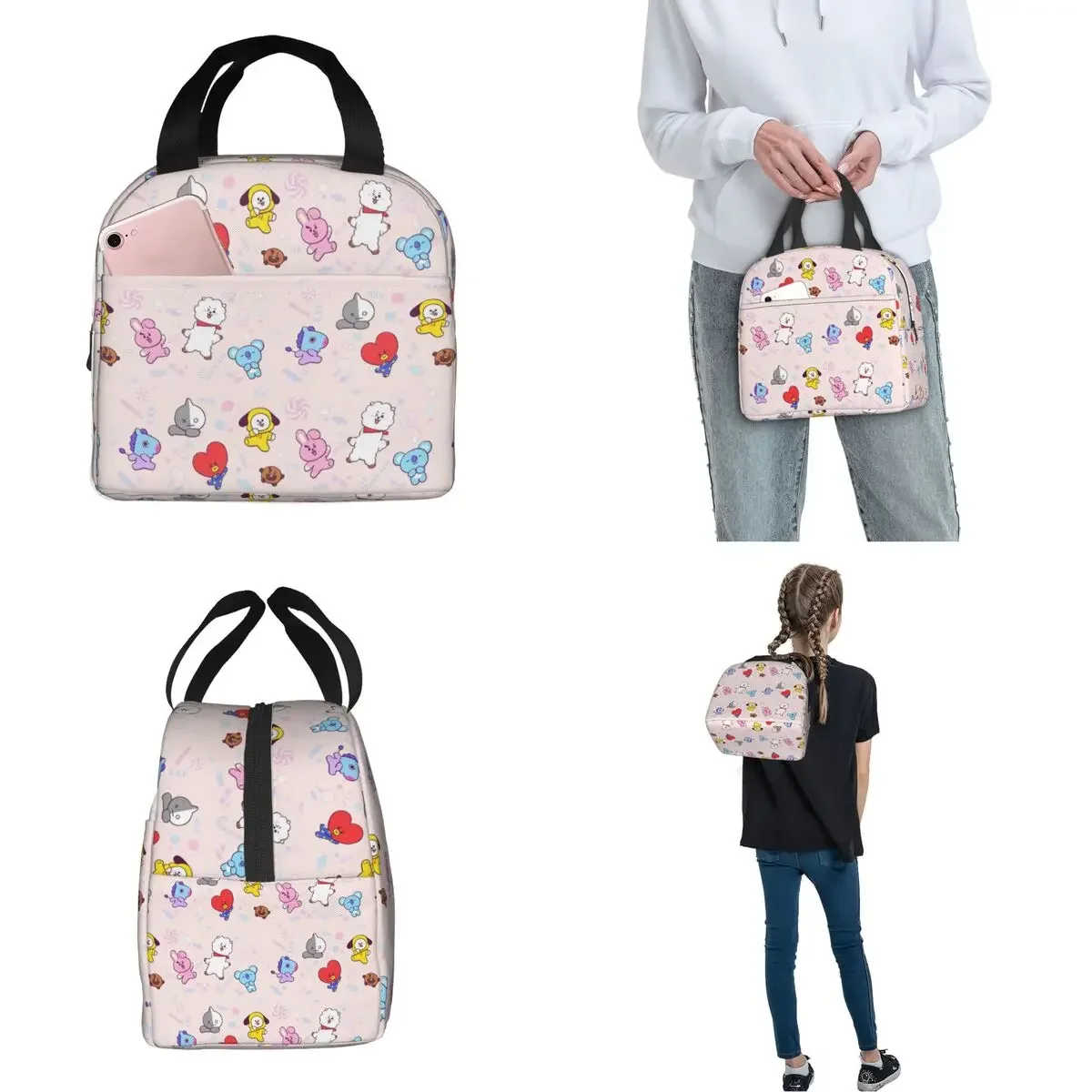 Kpop Insulated Lunch Bag Thermal Bag Reusable Cute Cartoon Large Tote Lunch Box Bento Pouch Work Outdoor