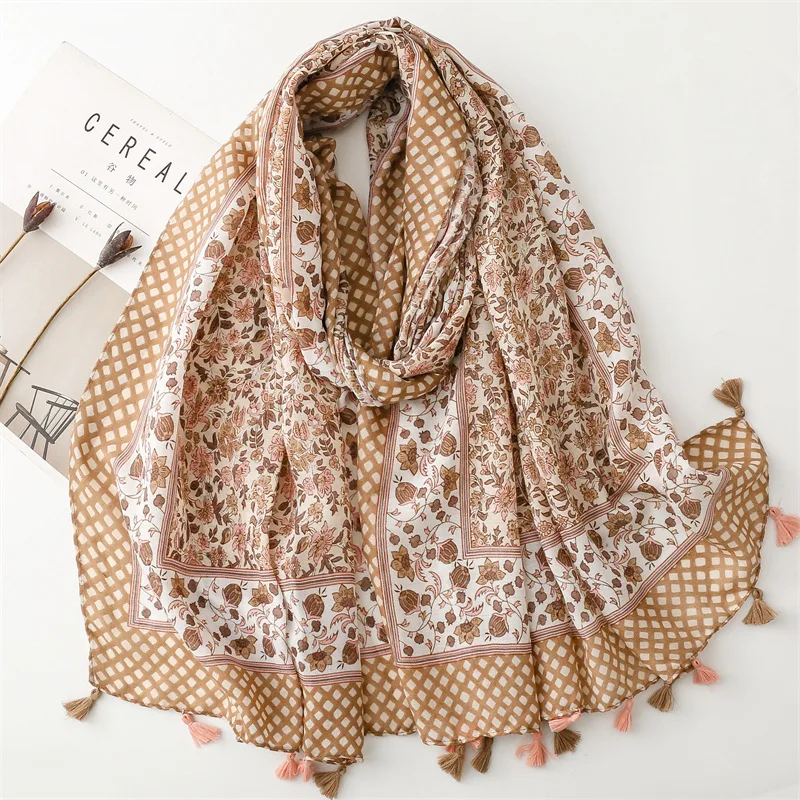 Boho Fashion Garden Floral Chain Tassel Viscose Shawls Scarf Lady High Quality Wrap Beach Stole Bufandas Muslim Hijab 180*90Cm