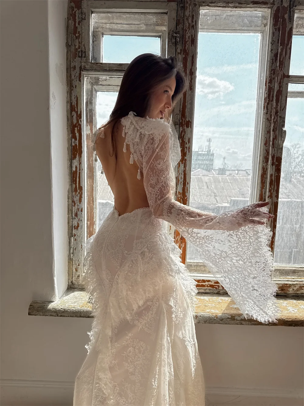 Tokyo Floral Lace Bell Sleeves Wedding Dress High Neck Corset Bodice Mermaid Gown High Slit Sexy Sheer Bridal Reception 2026