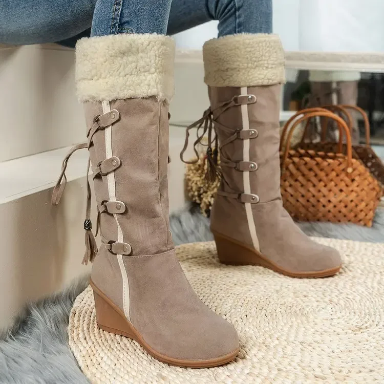 Tacón de Cuña aumentado, zapatos informales cálidos y cómodos para Mujer, Botas de moda con correa cruzada para invierno, Botas para Mujer