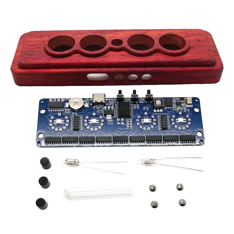 Nixie Tube Clock Kit, 4-digit, Red Pear, Wood Case, Not Including in-14 Tubes