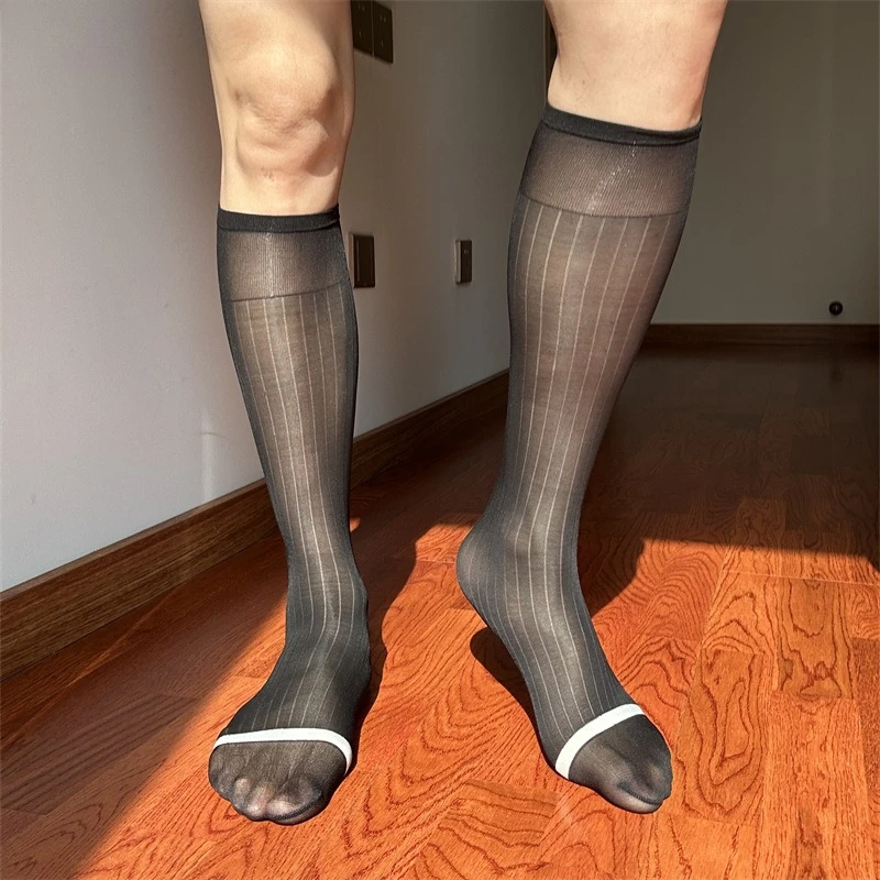 Abito da lavoro formale da uomo in legno a righe larghe blu a righe argento Calze formali in nylon giapponese di media lunghezza