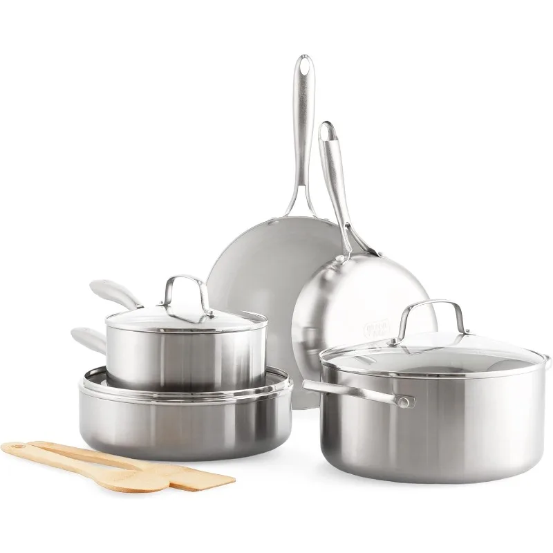 Tri-Ply Stainless Steel Healthy Ceramic Nonstick, 10 Piece Cookware Pots and Pans Set, PFAS-Free, Multi Clad, Induction