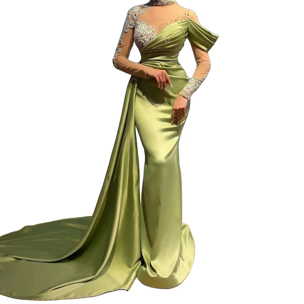 Sexy Green Mermaid Satin Evening Dresses Women Naked Neck Beaded See Through Long Sleeves Prom Gowns with Side Train Second Robe