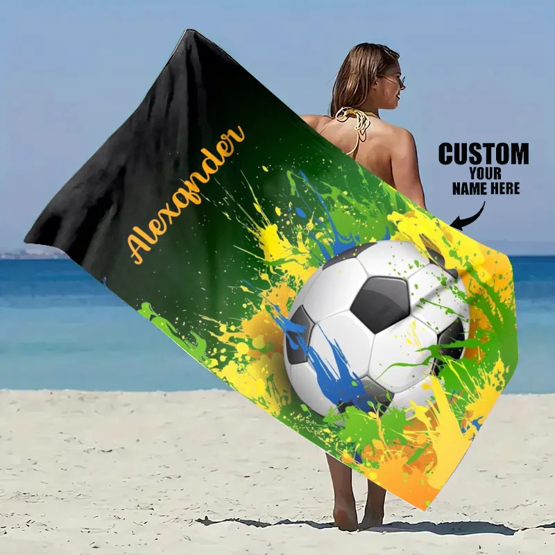 Custom Soccer Ball Beach Towel Personalized Name Print Colorful Splash Design Soft Quick-Dry Large Bath Towel for Sports Fans