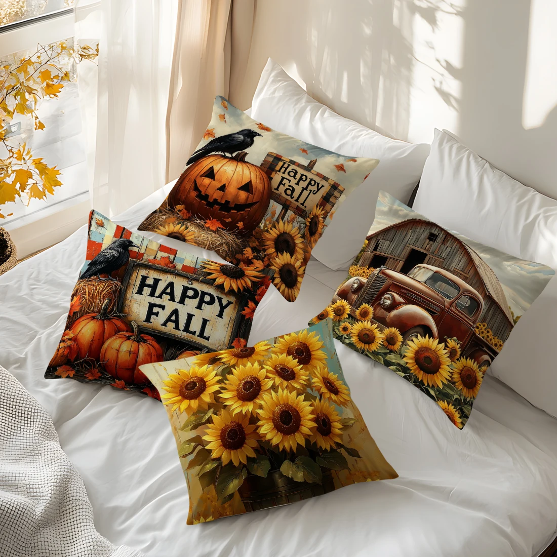 Home Decor Happy Fall and Sunflowers Throw Pillow Covers Pattern Cushion Cover Suitable for Sofa Bedroom Car Pillow Cover