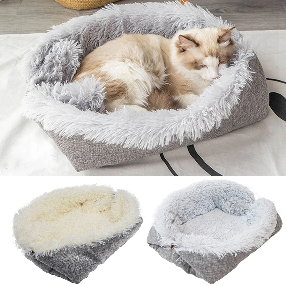 

Dual Purpose Folding Pet Bed Long Plush Pet Square Blanket Nest Soft Cat Cushion Winter Sleep Kennel Thick Pet Mats Washable Pad
