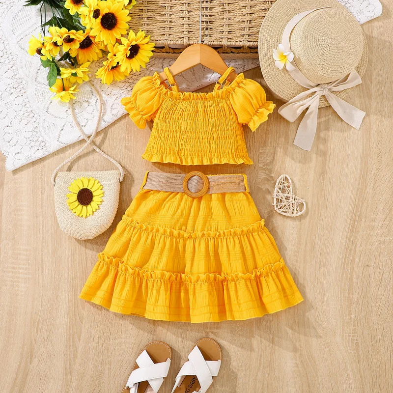 

2026New Summer Off-Shoulder Puff Sleeve Top for Girls+Cake skirt two-piece suit