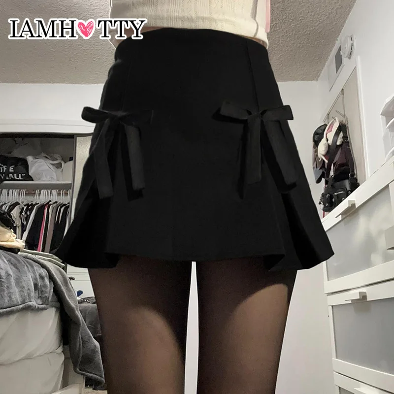 

IAMHOTTY Sweet Bows Decorate A-line Skirt Women Cute Pleated Mini Skirts All-match Chic Korean Style Streetwear Vintage Bottoms