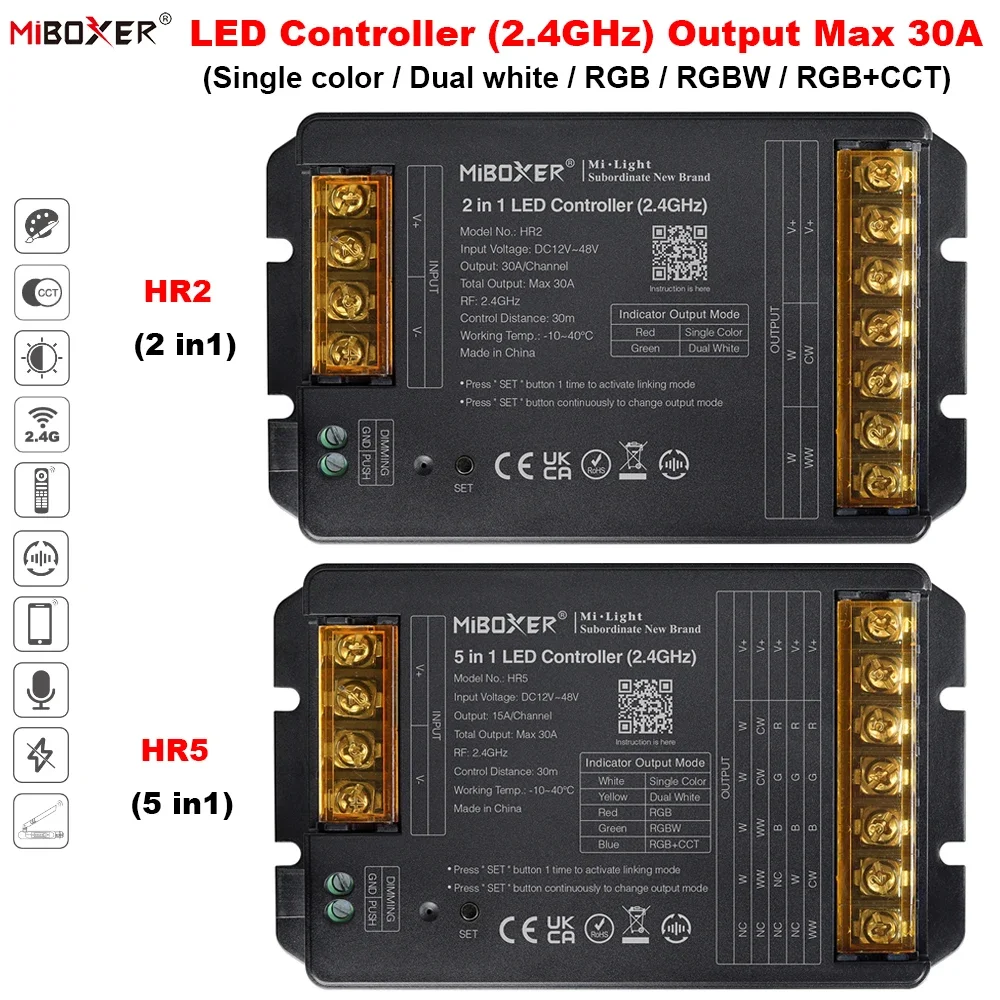 

Miboxer HR5 5in1/HR2 2in1 (2.4GHz) Output Max 30A Brightness Single color / Dual white / RGB / RGBW / RGB+CCT LED Controller