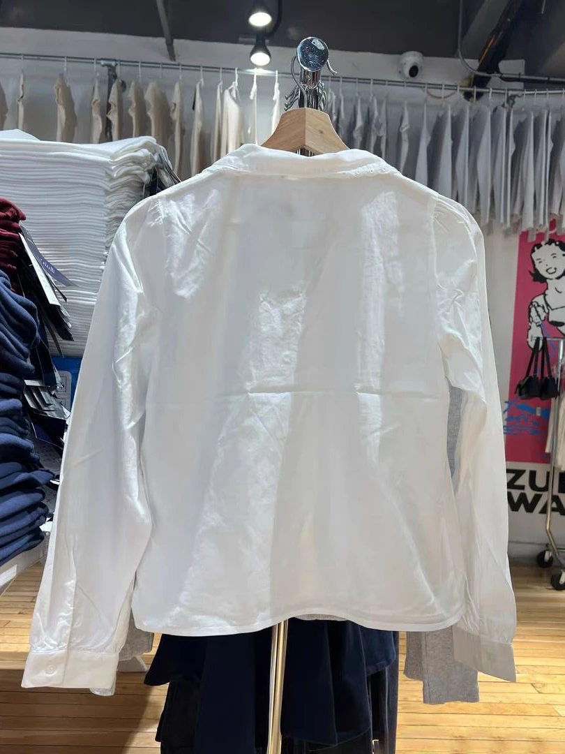 レーストリム白ひだブラウス女性ターンダウン襟シングルブレスト綿長袖シャツ固体ベーシックカジュアルブラウス Y2k トップ