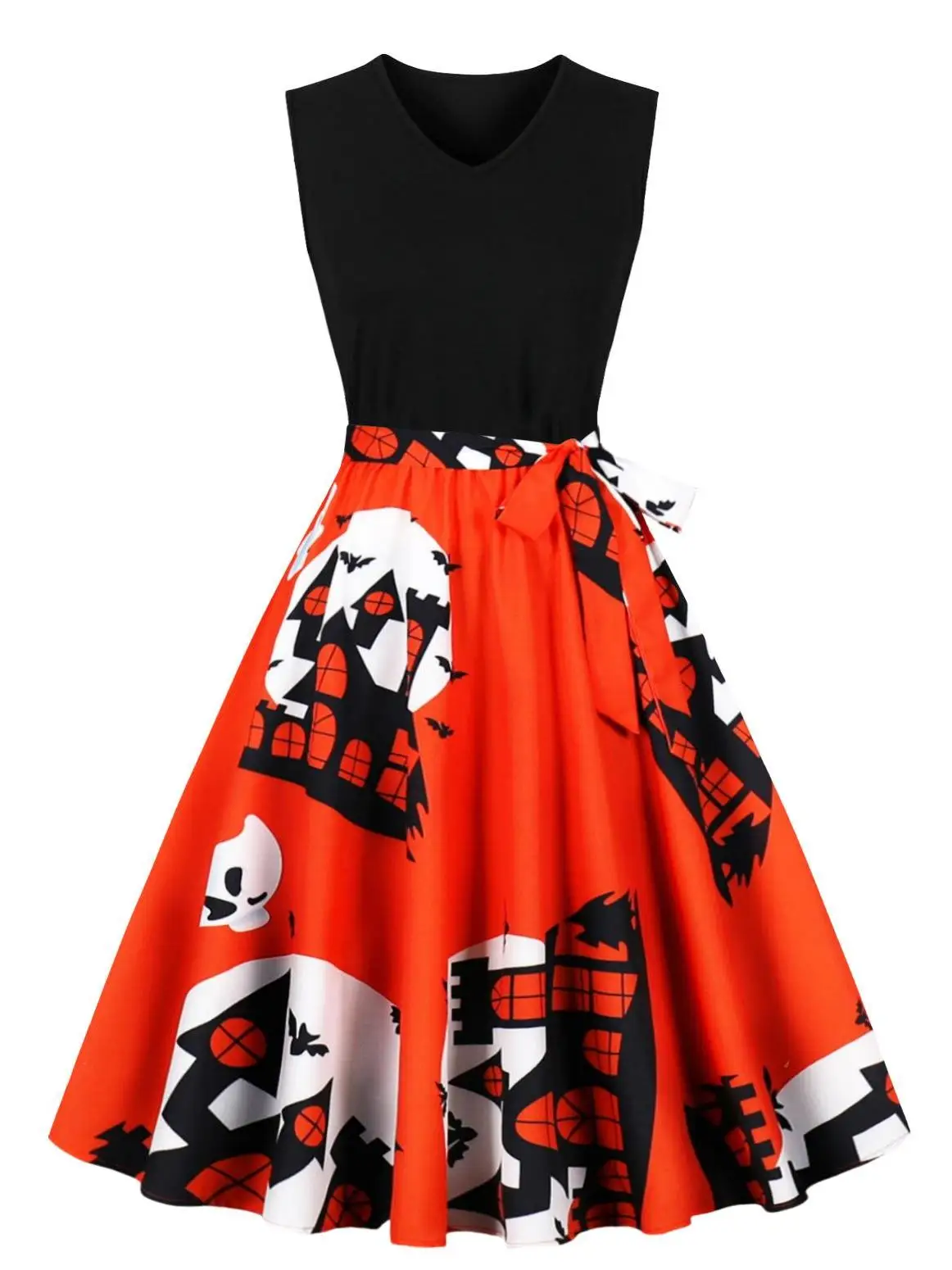 

Женское платье с V-образным вырезом в стиле ретро, с завышенной талией, без рукавов, с пышной юбкой, из полиэстера, для деловых мероприятий, на Хэллоуин