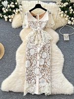 Summer Elegant Hollow Out Flower Embroidery Beige Lace Dresses Women Short Sleeve V Neck Belt Diamonds Buttons Party Vestidos