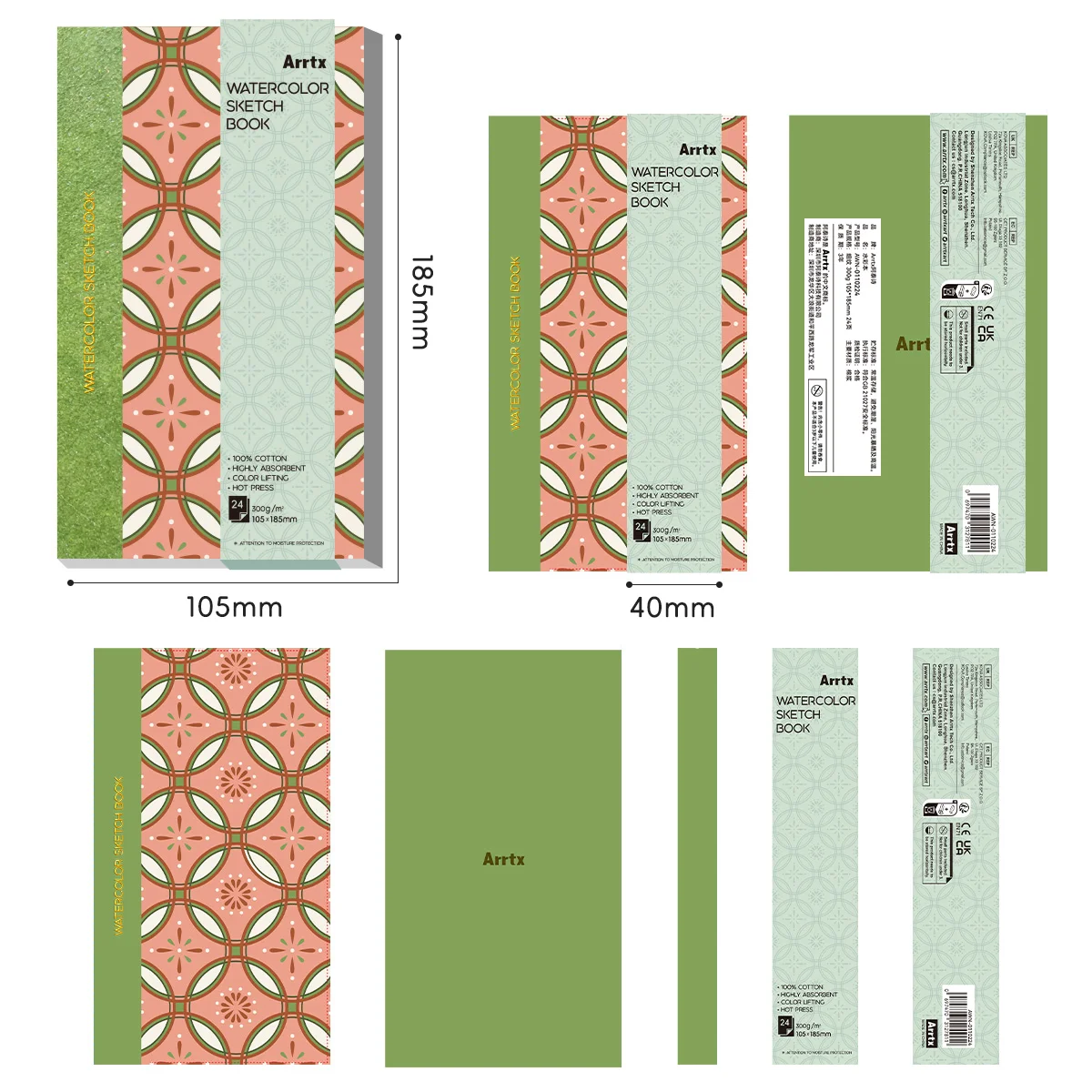 Arrtx aquarelschetsboek, 100% katoen, hot press, 24 vellen, platliggende bladwijzer, voor aquarel, gouache, inkt en gemengde media